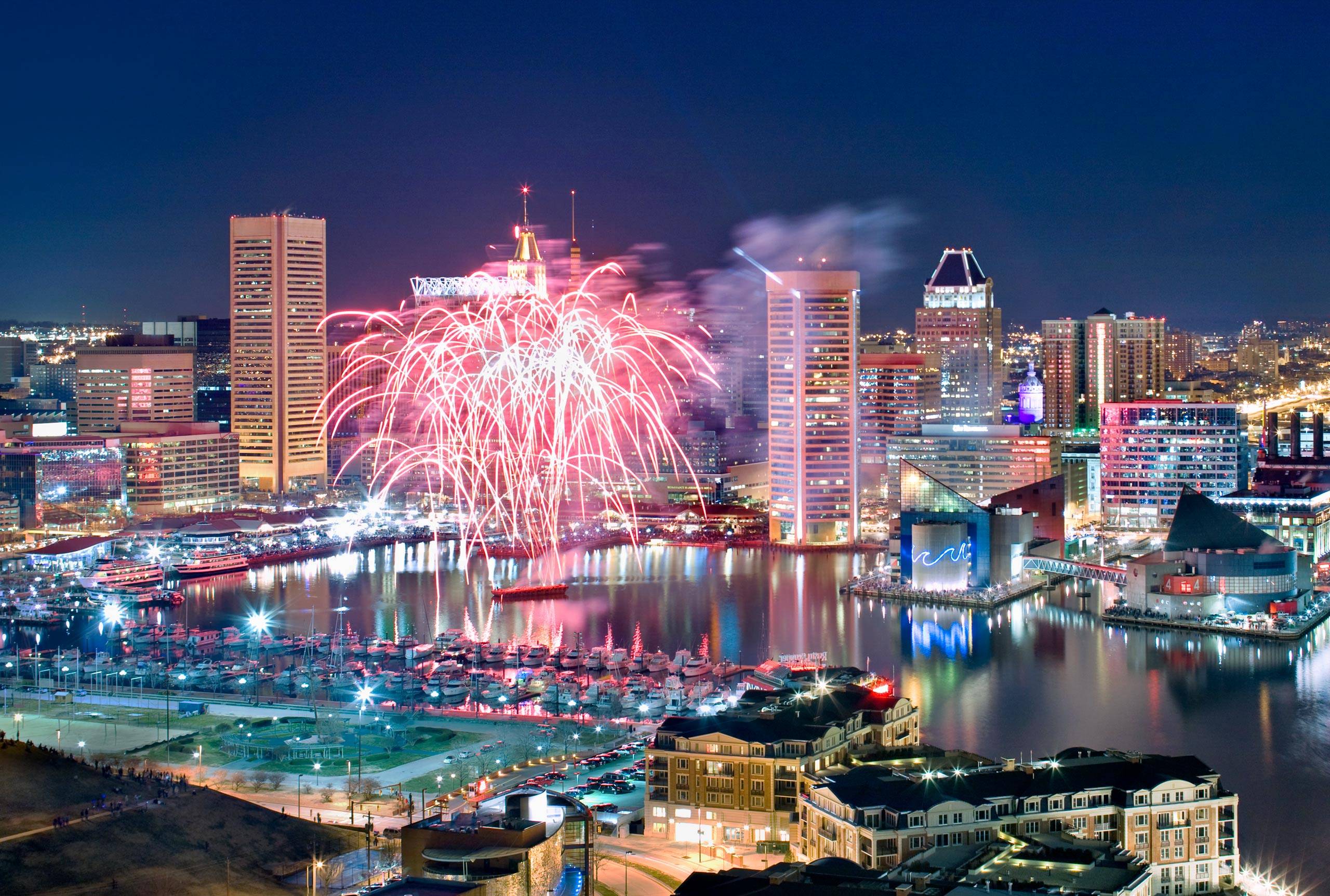 Baltimore Skyline and Inner Harbor with Fireworks