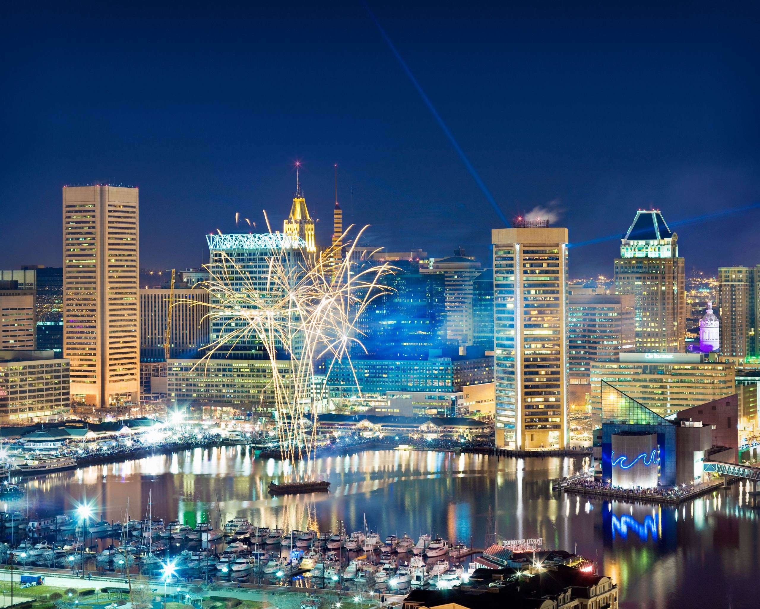 Baltimore Skyline and Inner Harbor with Fireworks