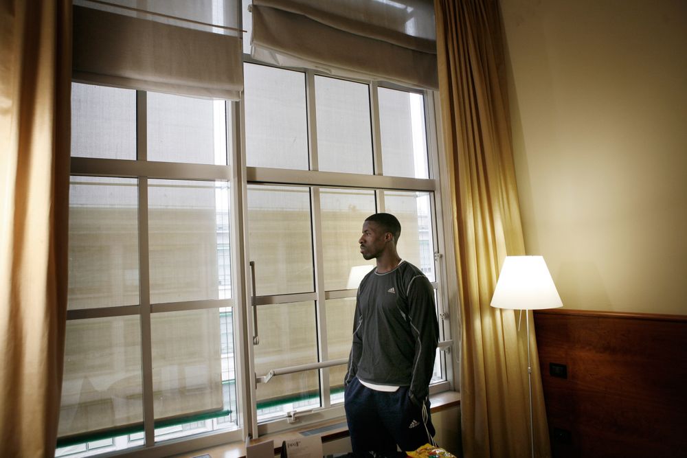 Dwain Chambers in his hotel room prior to competing, for GB, in the European Indoor championships after serving his Athletics ban for using a performance enhancing substance. English sprinter Dwain Chambers