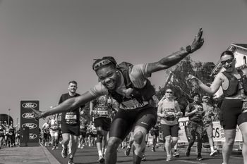 smiles and happiness at the start of the marathon runner celebrate the start of the marathon