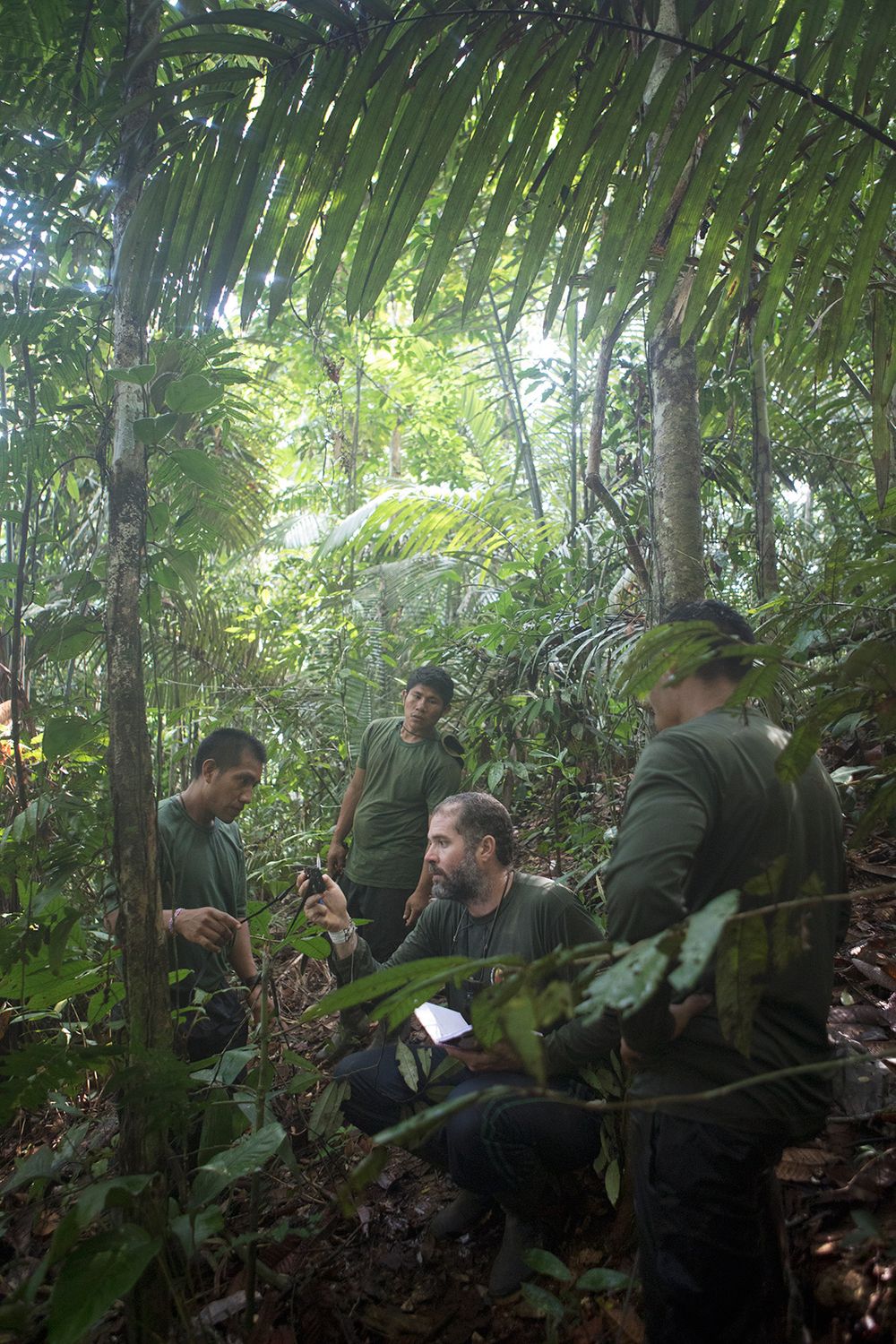 1 1/2 hours after starting the first days trek through the forrest Josimar Marubo spots evidence of unocntacted people marking their passage through the amazon. FUNAI official and expedition leader Bruno Pereira leads the process of documenting the evidence (deliberately broken and bent over foliage and small tree saps). Bruno was insistent of the indigenous people on the expedition learning how and taken charge of documenting the evidence involving taking photographs and documenting the GPS locations of the evidence. Amazon
