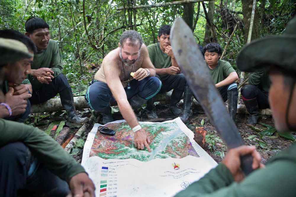 Expedition leader, Bruno Pereira (38) explaining the route and the security of the group during the expedition. The group were to walk in a particualr order (armed members at the front and back) should they come across uncontacted people they were to stand still keep together and will try to communicate with the people. Amazon