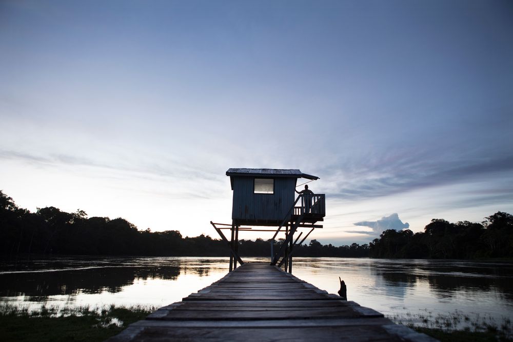 The Funai base at the entrance to the Vale do Javari. Access to the reserve is restricted to indigenous people. The base is the centre for radio communications within the reserve, it is permanently staffed and each evening the watched tower is manned in order to guard the entrance to the reserve. Amazon