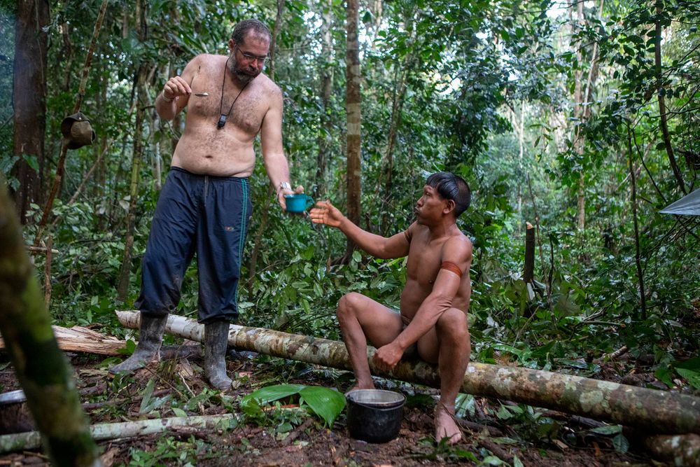 Bruno Pereira and Takvan Vakwë early morning in the Vale Do Javari. Bruno Pereira in the Amazon