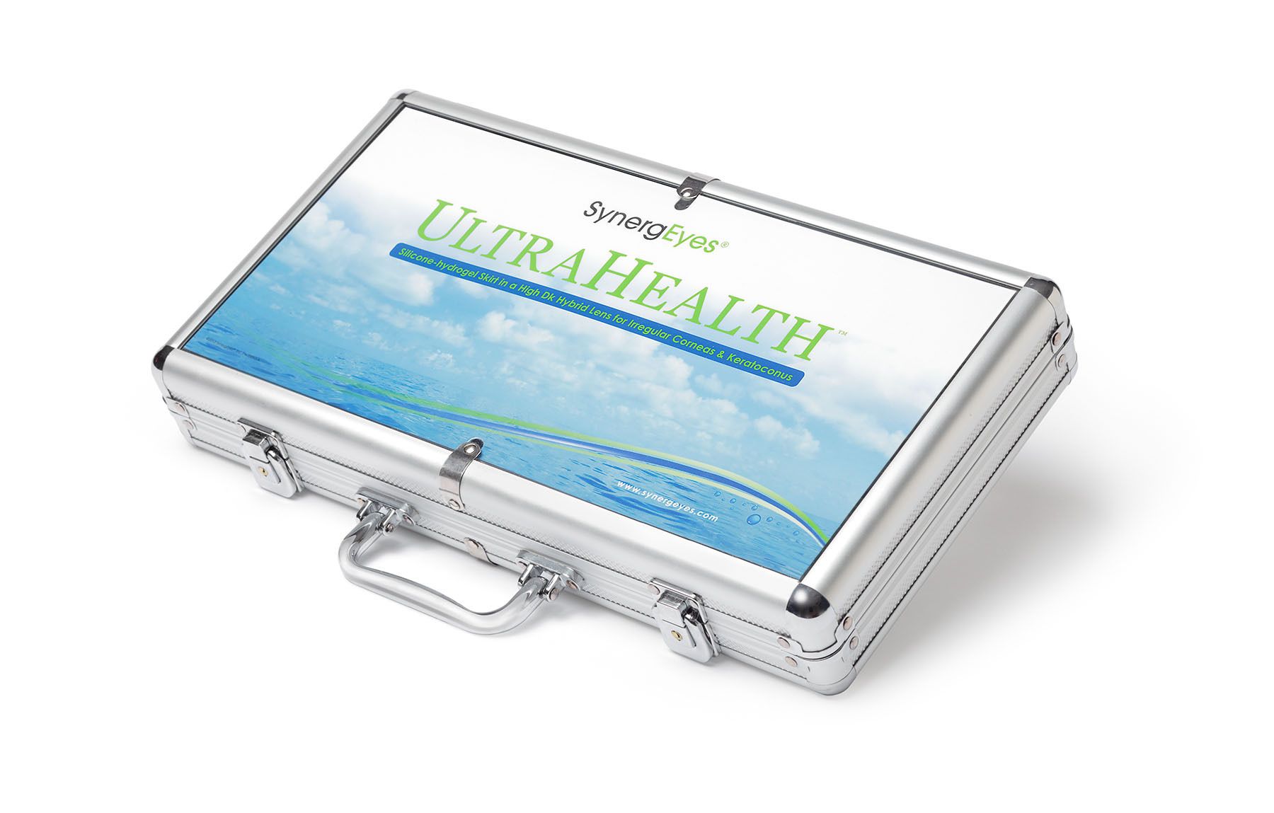 Commercial studio product photography of a silver SynergEyes UltraHealth kit.