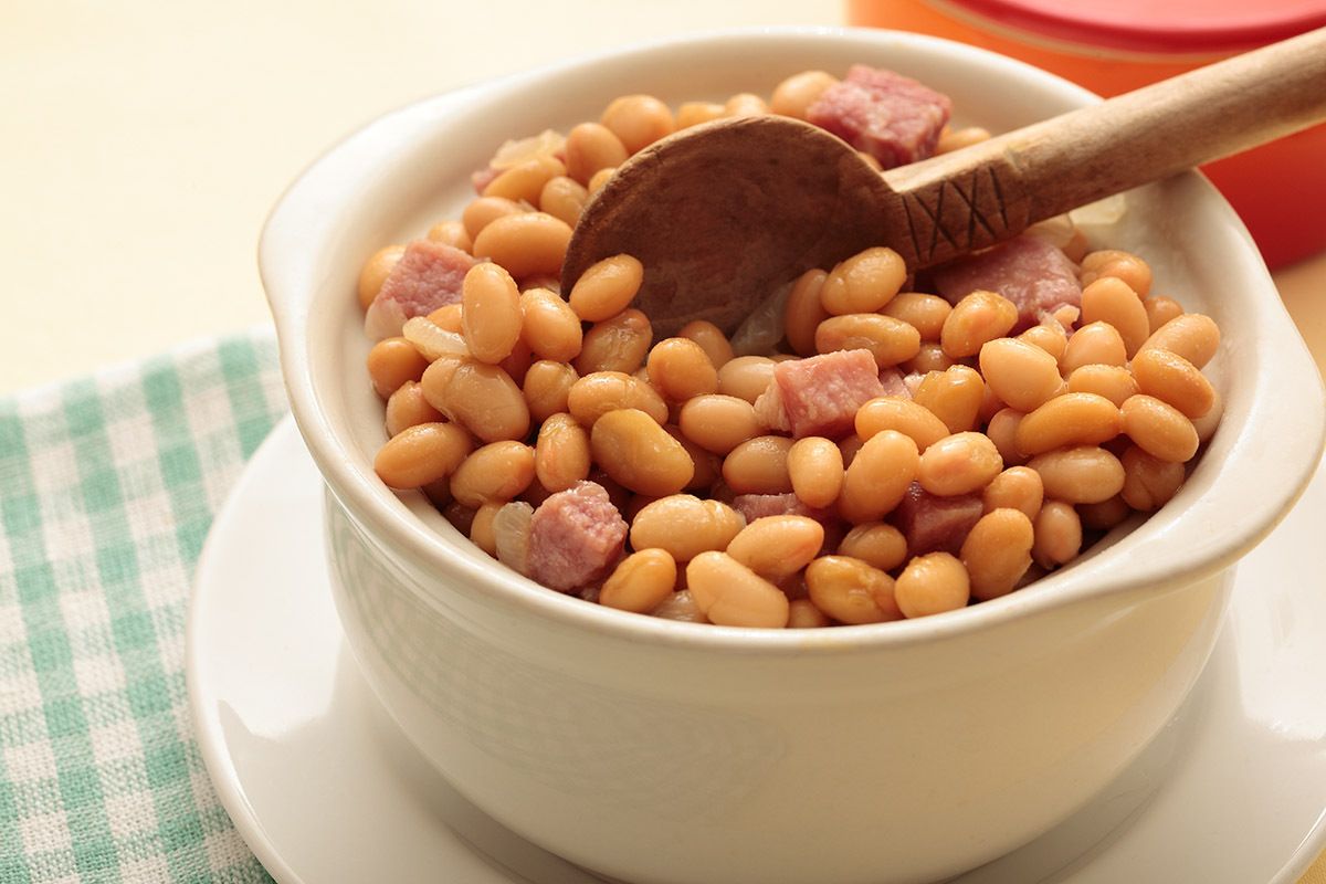 Warm homestyle baked beans with savory ham