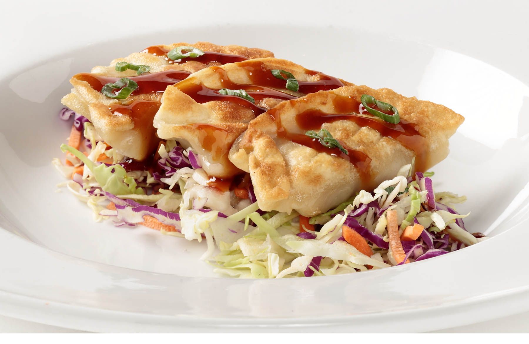 Pan-fried potsticker appetizer with cabbage slaw