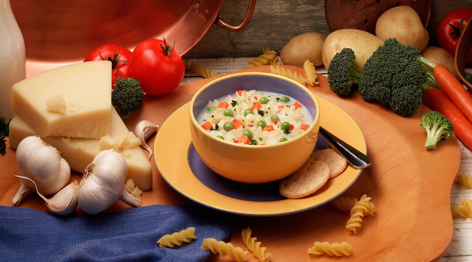 Homestyle vegetable pasta soup with fresh Italian ingredients