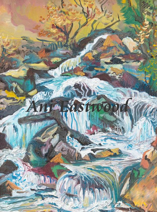 Original Oil Sold, Full size embellished canvas giclee $200 dimensions 12"x16", 9"x12"fine art paper giclee $30 "Falling Water"