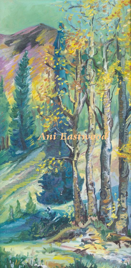 Oil on Canvas, Original Sold, Embellished Canvas Giclee on handmade frame available $280 dimensions 10"x20" "Fluttering Aspen"