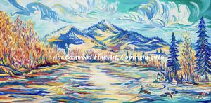 Bitterroot River Missoula, Original Oil $1300 dimensions 15"x31", Full size Limited Edition Canvs Giclee Reproduction $300, Fine Art Paper Giclees $90-$35 Bitterroot River, Mt. Dean Stone