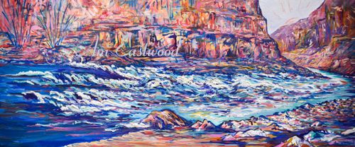 Oil on Canvas 16"x36" , $1750, Available for purchase through the Rocking V Gallery, Kanab North Canyon Rapid