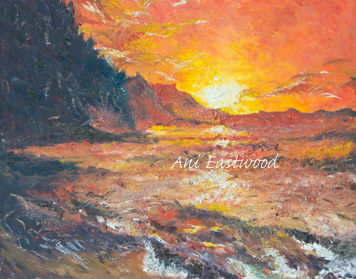 Oil on Canvas with redwood frame 16"x20" $850 "Red Sunset" 2004