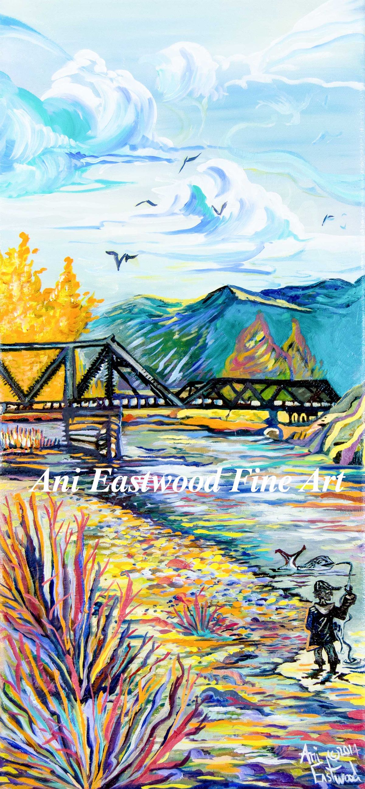 Bitterroot River Fishing, Original Oil $300 dimensions 15"x31", Canvas Giclee Reproduction  12"x 27" $300, Also Available in Fine Art Paper Giclee  18x24 $90, 9"x12" $35 Fishing on the Bitterroot