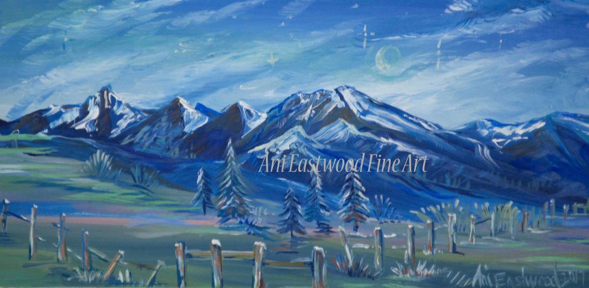 Original OIl on Wood$110 dimensions 5"x10", Full Size Canvas Giclee $85 "Night in the Missions, Montana"