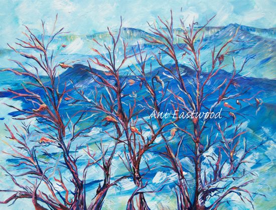 Dogwood and mountain painting mountain impressionistic