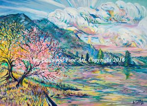 Original Oil on Canvs$2200, Limited Edition Canvas Reproduction on handmade frame $300-$500 Please contact for size options, Fine Art Paper Giclees also available 18" x 24 $90, 9" x 12" $35 "Cherries on the Flathead, Montana"