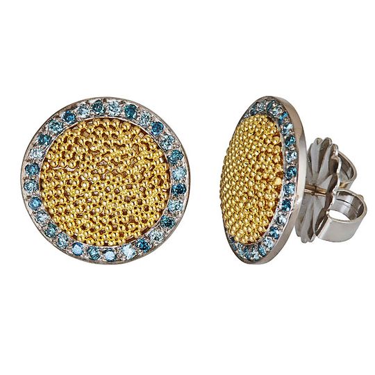 18k white gold, 20k granulation, blue diamonds, posts CIRCLE OF BLUE EARRINGS