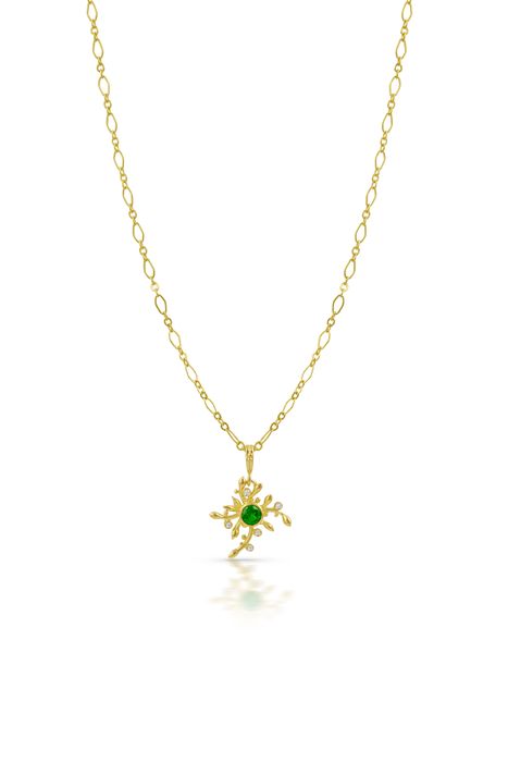 18k yellow gold, tsavorite, diamonds VS/F, 16" inch "Figaro" style 18k yellow gold chain. CONSTELLATION PENDANT - $1400 / currently in-stock with orange sapphire center stone