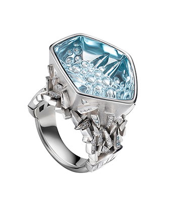 36 ct artisan-cut blue topaz, diamonds, platinum ICE BERG RING