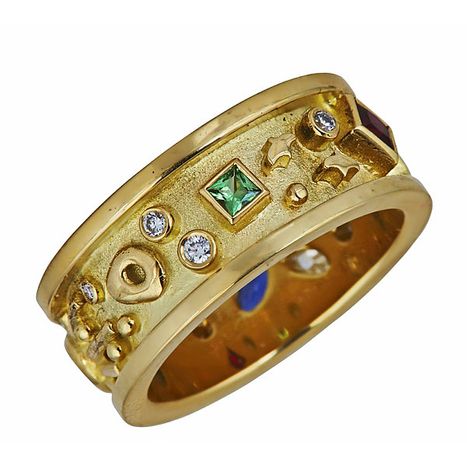 18k yellow gold, tsavorite, diamonds, sapphire, diamonds, size 6 WIDE PASSION BAND - $3900