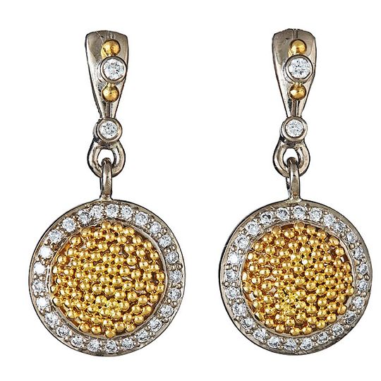 18 white and 20k yellow gold granulation, diamonds SMALL SHIELD OF CIRCLE OF LIGHT EARRINGS