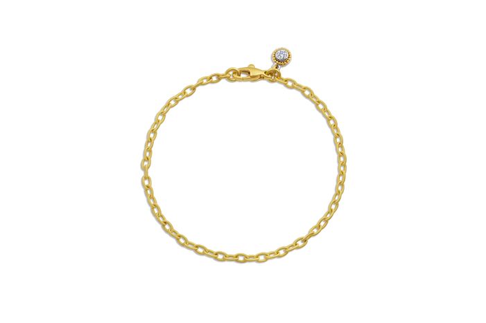 18k yellow gold handmade "loop-in-loop" chain, 18k yellow gold, 20k yellow gold granulation, double-set dangle , diamond VS/F (0.22 its), 7.25 inch long, will adjust length per request SINGLE DANGLE BRACELET - $1850
