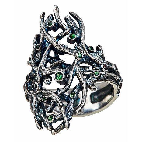 oxidized sterling silver, tsavorites. TREE RING