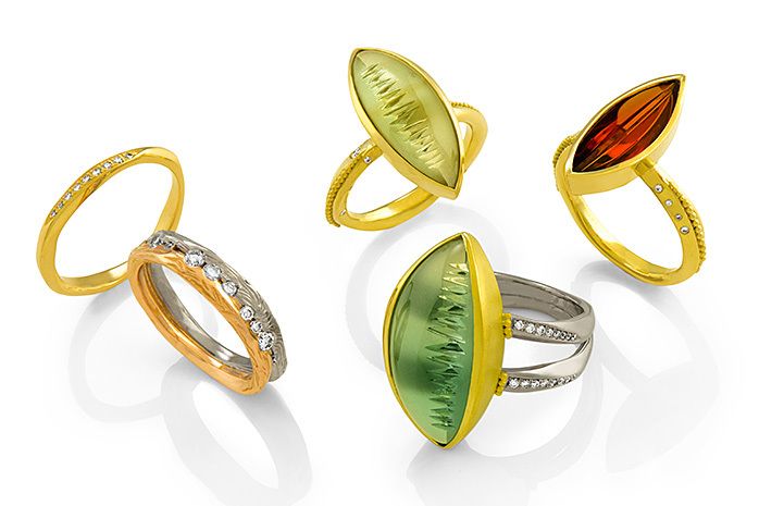 18k yellow gold, rose and white gold with various center stones. JOURNEY RINGS