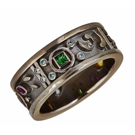 18k white gold, colored stones. WIDE PASSION RING - $4,450