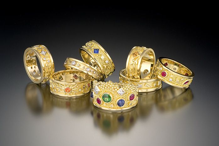 custom made in 18k yellow gold with granulation or brushed satin finish, sapphire, ruby, tsavorite, diamonds VS/F. PASSION RING COLLECTION