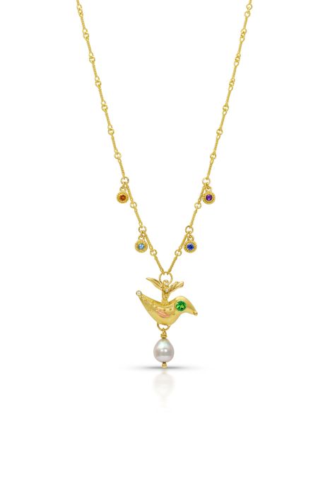 18k yellow gold, 20k yellow gold granulation, 18k pink gold feather, tsavorite, ruby, sapphire, blue topaz, amethyst, diamonds VS/F, barrack Tahitian pearl, 18k yellow gold handmade "twist" chain. BIRD DANGLE NECKLACE - $4900 / sold - available for order