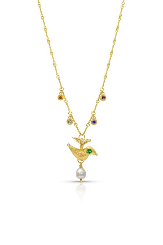 18k yellow gold, 20k yellow gold granulation, 18k pink gold feather, tsavorite, ruby, sapphire, blue topaz, amethyst, diamonds VS/F, barrack Tahitian pearl, 18k yellow gold handmade "twist" chain. BIRD DANGLE NECKLACE