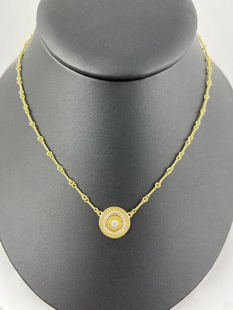 18k yellow gold with 20k yellow gold granulation, pave diamonds VS/F, 3.1mm center diamond vs/F, handmade "twist" 18k yellow gold chain, 17" total length DISC NECKLACE STYLE 2 - $3800