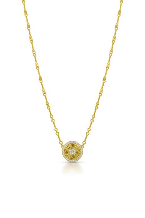18k yellow gold, 20k yellow gold granulation, diamonds VS/F, handmade"twist" 18k yellow gold chain , 17"inch total length. DOMED CIRCLE OF LIGHT NECKLACE - $4100 / sold - available for order