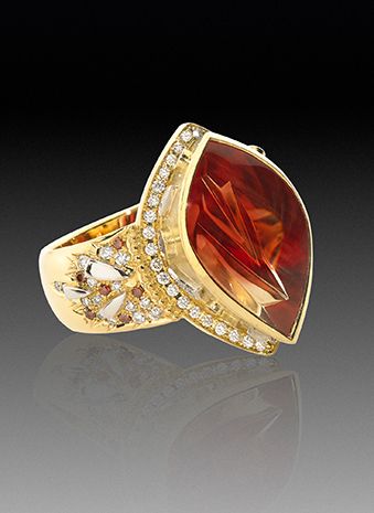 18k yellow gold, fancy cut Feldspar, white and red diamonds FIRENZE RING