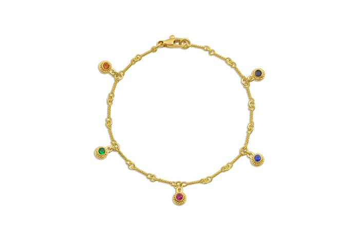 18k yellow gold handmade "twist" chain, 18k yellow gold, 20k yellow gold granulation, double-set dangle , ruby, sapphire, tsavorite, citrine, black diamond, length 7.25 inch long, sized to request. 5 DANGLE BRACELET WITH COLORED GEMSTONES - $3275