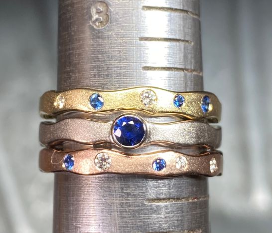 18k rose, yellow and white gold, sapphires, diamonds VS/F. Price range from $1400 to $1700 JOURNEY WAVE RINGS / sold - available for order