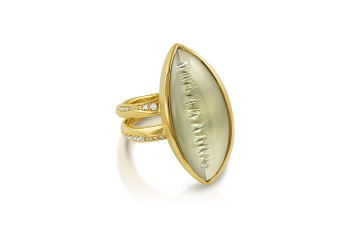 18k yellow gold, green beryl, diamonds VS/F, will size to requested size JOURNEY RING WITH 2-SPLIT SHANK - $7600