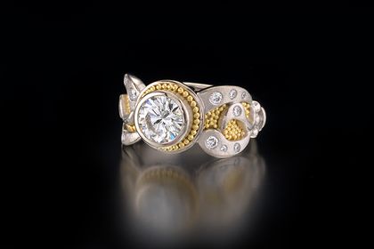 18k white gold, 20k yellow gold granulation, diamonds VS/F. 2-TONE CHENILLE DIAMOND RING
