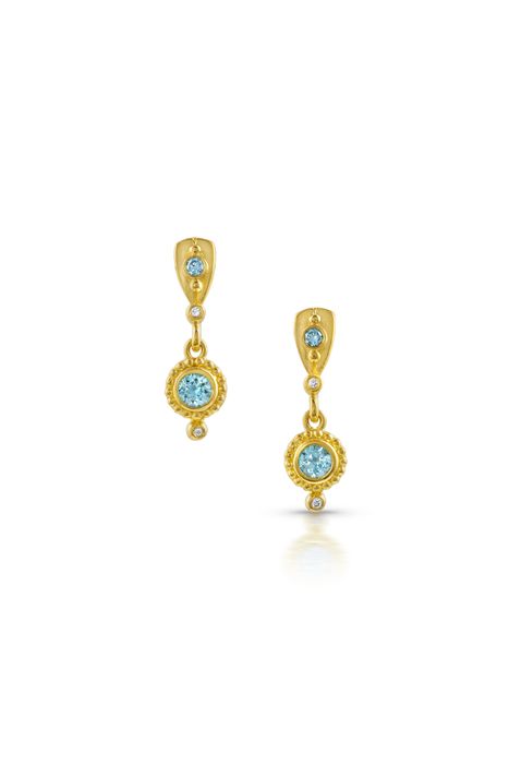 18k yellow gold, 20k yellow gold granulation, blue zircon, aqua diamonds, white diamonds VS/F, posts + backs. DANGLE SHIELD EARRINGS - $2,400