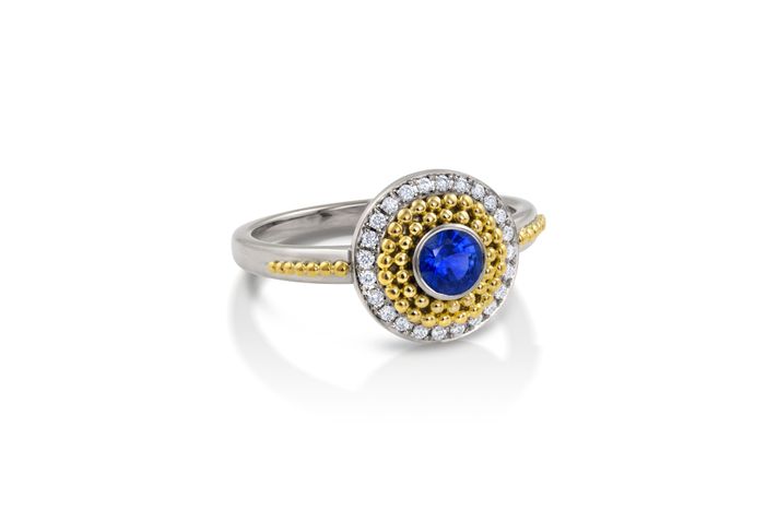 18k white gold, 20k yellow gold granulation, blue sapphire, size 6.25, will size to requested size SMALL CIRCLE OF LIGHT RING WITH BLUE SAPPHIRE - $3225