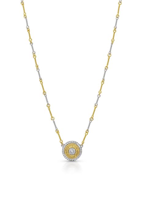18k white gold, 20k yellow gold granulation, diamonds VS/F, handmade 2-tone twist chain, 16"inch length which can be adjusted to request. DOMED CIRCLE OF LIGHT NECKLACE - $4200