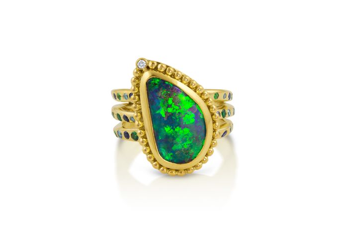 18k yellow gold, Australian Boulder Opal, tsavorites, blue sapphires, light blue diamonds, size 7.25, will size to requested size BOULDER OPAL RING - $6800