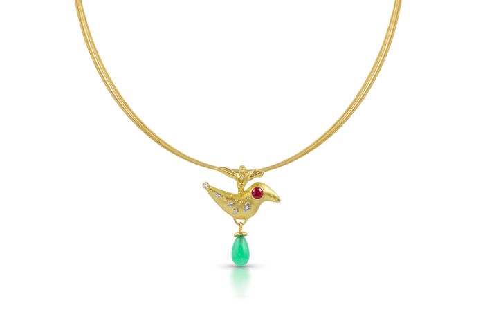 custom made in 18k yellow gold and white gold, ruby, diamonds VS/F, green chrysoprase, 14k yellow gold neck wire (5-strand) sold separately. RUBY BIRD PENDANT - $2400 (alternatively available with blue topaz briolette)