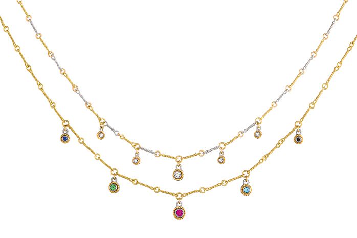 18k yellow and white gold handmade "twist" chain, 18k white gold, 20k yellow gold granulation, double-set dangle , ruby, sapphire, blue topaz, black and white diamond. COLOR DANGLE NECKLACE - $3,875 (diamond dangles are on back order)