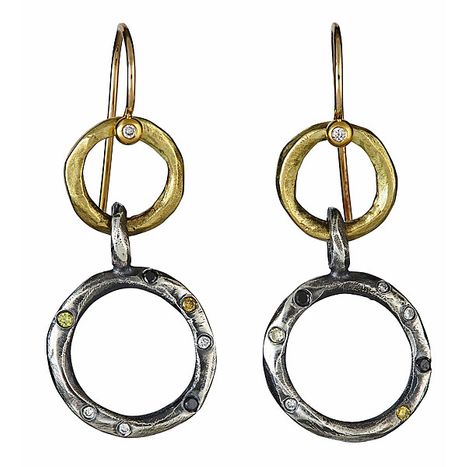 18k yellow gold, oxidized silver, black, yellow, white diamonds VS/F JOURNEY 2-TIERS EARRINGS - $975