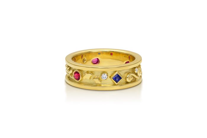 18k yellow gold, sapphire, ruby, diamond, size 7. MEDIUM WIDTH PASSION RING - $3,350