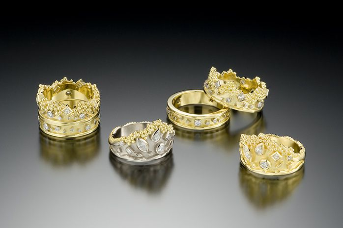 custom made in 18k yellow gold with granulation; platinum or white gold accents, brushed satin finish, diamonds VS-F. CROWN AND TIARA RING COLLECTION - range $4,200 - $4,500