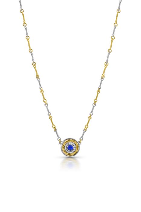 18k white gold 20k yellow gold granulation, Ceylon sapphire, diamonds VS/F, dimension: 14.35mm diameter, 2-tone handmade "twist" chain 18k yellow and white, 17' inch lenght DISC NECKLACE, STYLE 3 - $4,150